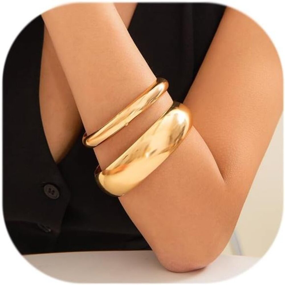 2pcs Gold Chunky Bangle Bracelets For Women Trendy Minimalist Statement Bangle